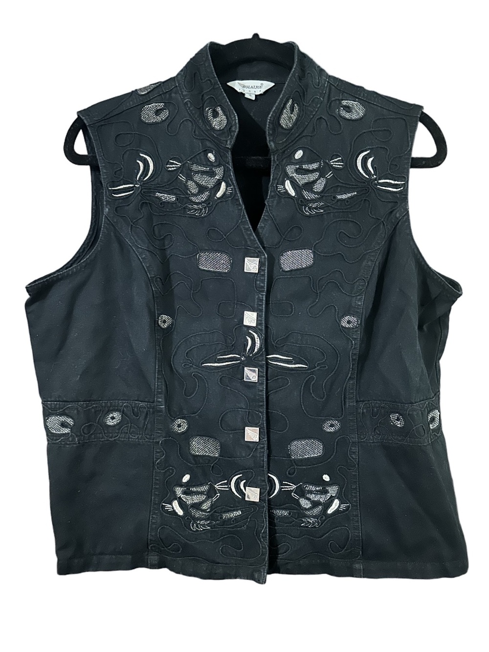 Bolaijue Jeans Black Silver Embroidered Snap Button Stand-Collar Vest Size 16